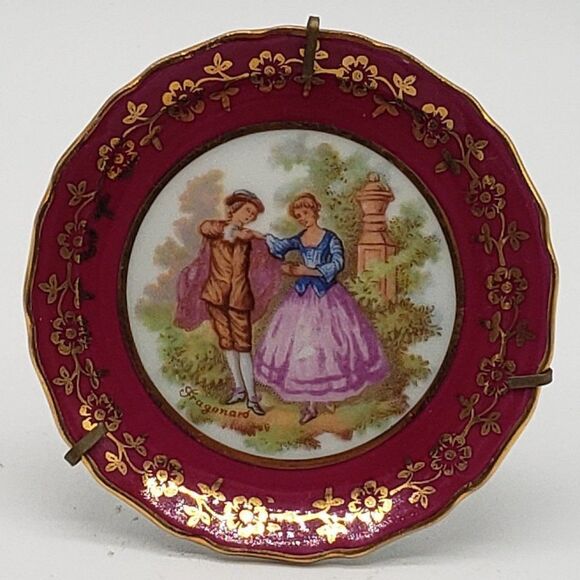 Limoges France Vintage Porcelain Cranberry Gold Gilt Dancing Couple Mini Plate - Picture 6 of 6